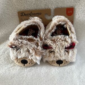 Dearfoams Furry Beige Kids Slippers Baby Bear Size 3-4 Slip On New Memory Foam